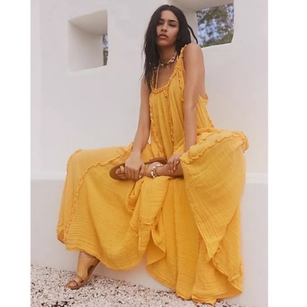 Free People McKinley Ruffle Maxi Dress Banana Yellow Swing NEW Size Small